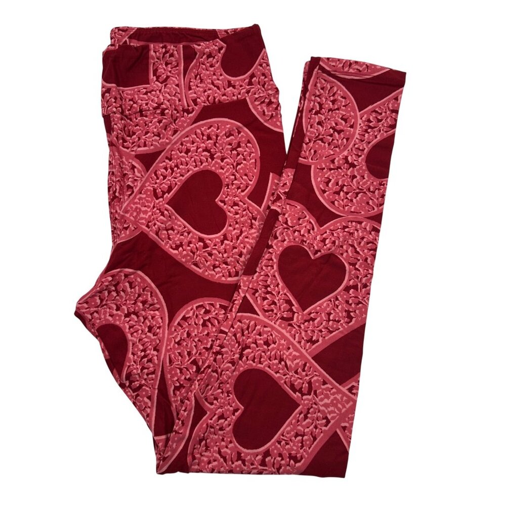 Vintage Lularoe Tall Curvy Valentines Print Leggings Dark Red Pink Lace Cookies